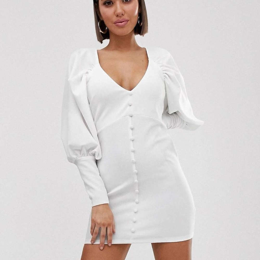 Women’s ASOS Size 6 Elegant White Puff Sleeve Button Mini Dress